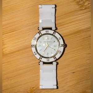 Anne Klein white and gold ceramic bracelet watch- new battery- classic miniature